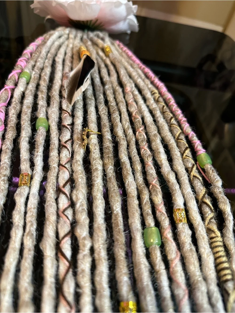 Boho Gray & Pink Synthetic Dreadlock Hair Wraps with Bead Accents